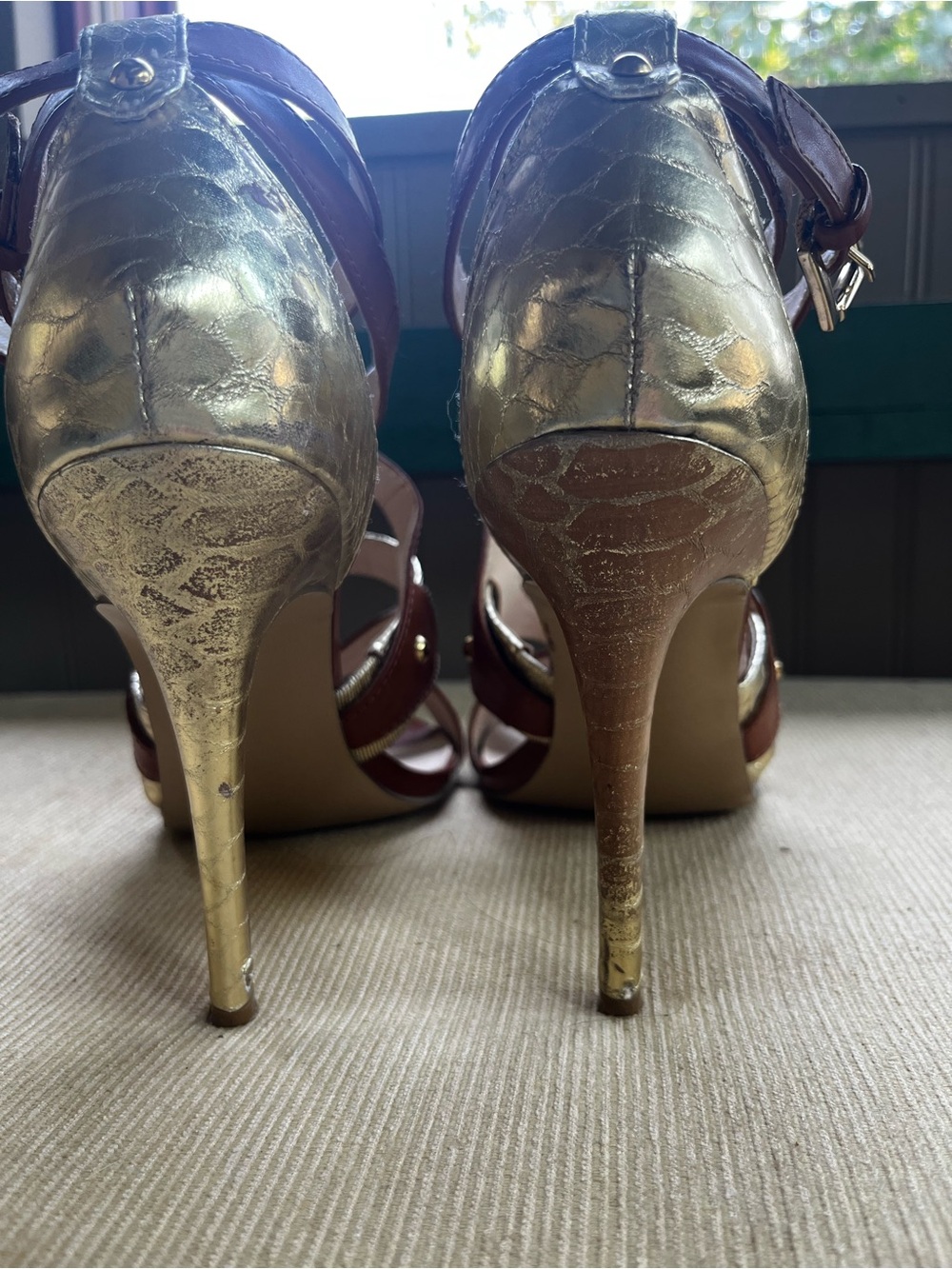 Women’s Brown Leather Strappy Heeled Sandals with Gold Accent - Picture 3 of 9